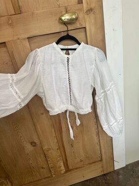 Jen's Pirate Booty White Lace-Trim Peasant Tie Crop Blouse